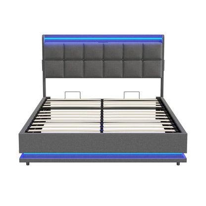 BF-E-DARY-Q-LN-GY-AB QUEEN Living Fusion Marcel Upholstered Gas Lift Storage Bed with LED & Charging Station