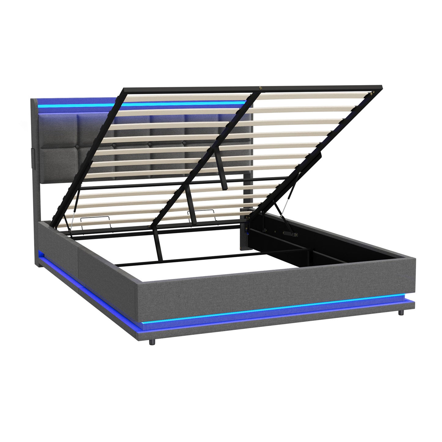 BF-E-DARY-Q-LN-GY-AB QUEEN Living Fusion Marcel Upholstered Gas Lift Storage Bed with LED & Charging Station