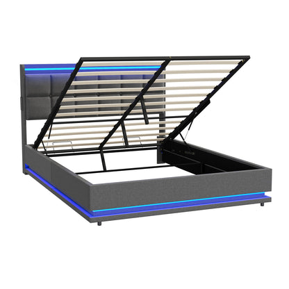 BF-E-DARY-Q-LN-GY-AB QUEEN Living Fusion Marcel Upholstered Gas Lift Storage Bed with LED & Charging Station