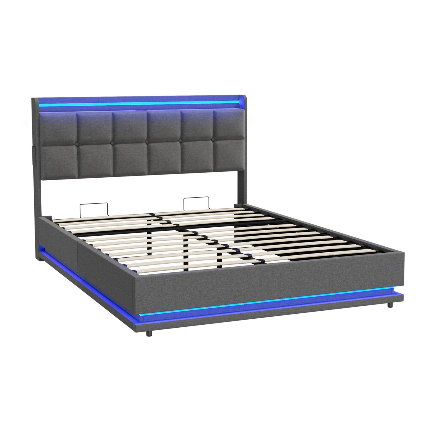 BF-E-DARY-Q-LN-GY-AB QUEEN Living Fusion Marcel Upholstered Gas Lift Storage Bed with LED & Charging Station