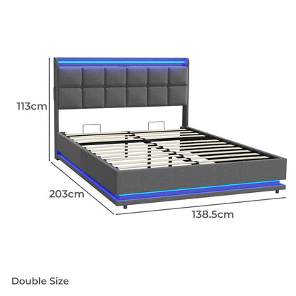 BF-E-DARY-D-LN-GY-AB Living Fusion Marcel Upholstered Gas Lift Storage Bed with LED & Charging Station