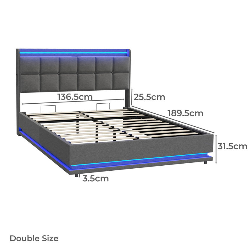 BF-E-DARY-D-LN-GY-AB Living Fusion Marcel Upholstered Gas Lift Storage Bed with LED & Charging Station