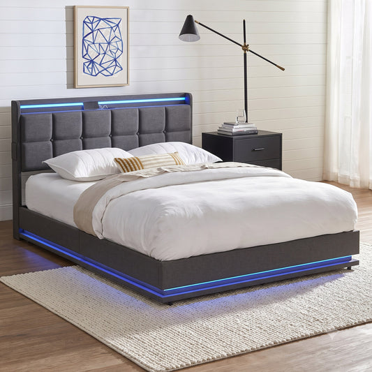 BF-E-DARY-Q-LN-GY-AB QUEEN Living Fusion Marcel Upholstered Gas Lift Storage Bed with LED & Charging Station
