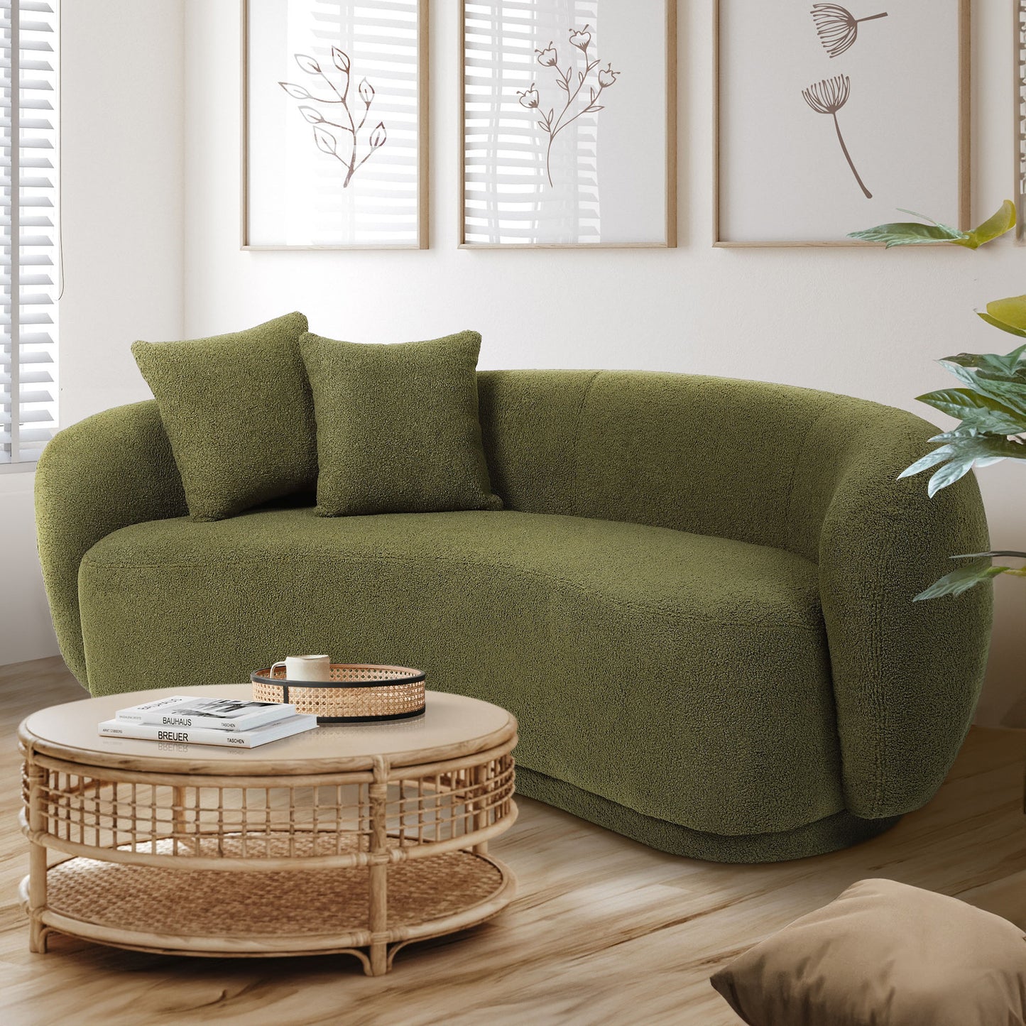 ACH-CASEW-SP-GN LivingFusion Millie 3 Seater Rounded Teddy Sofa Green