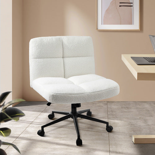 OCH-E3-SQ4-OF-SP-WH Oikiture Armless Office Chair Wide Seat with Wheels Boucle White