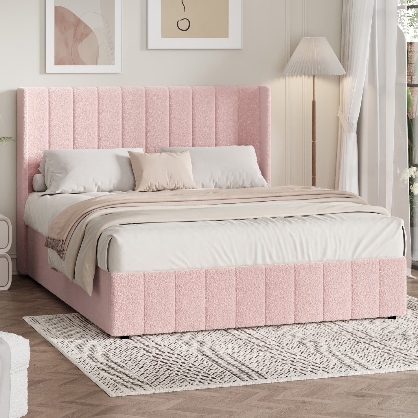 BF-B-BILY-D-SP-PK-ABC Living Fusion Pink Meier Boucle Gas Lift Storage Bed