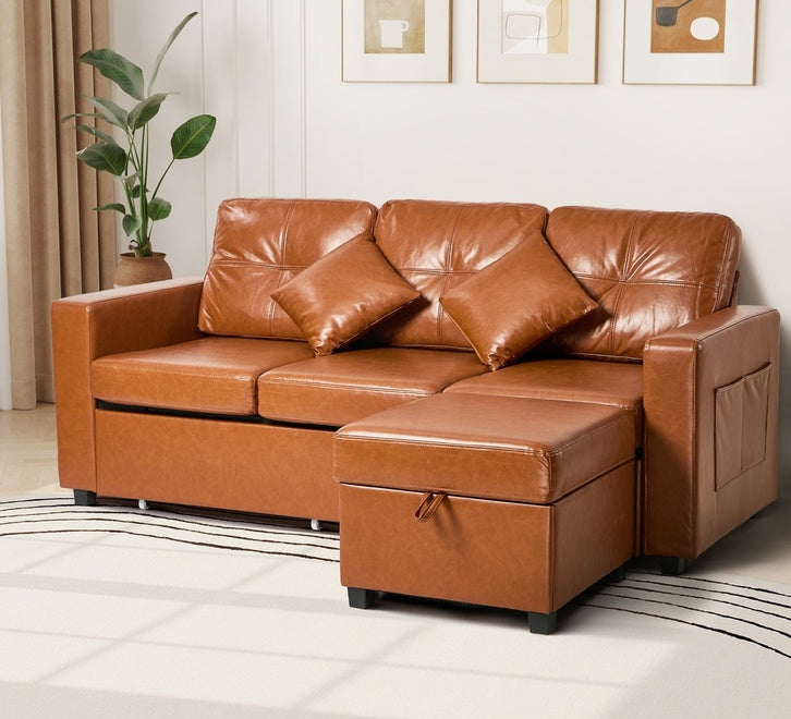 SOF-NICO-LEA-BR-ABC Elwine 3 Seater Tan Sofa with Ottoman