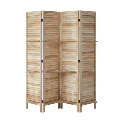 RD-SHELF-4P-WD Oikiture 4 Panel Room Divider Privacy Screen With Shelves Timber Wooden Natural