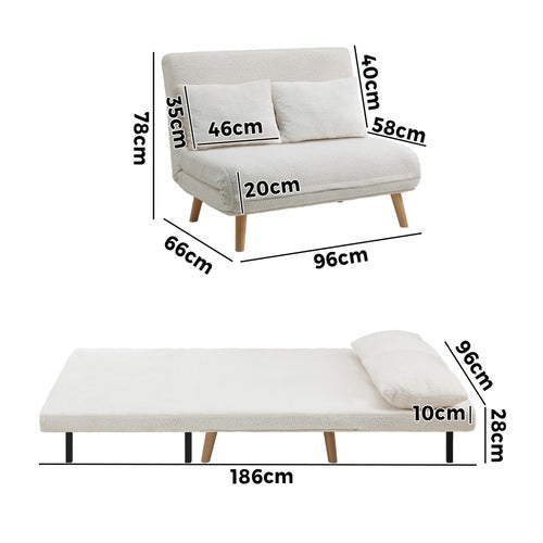 SFB-ES-HARA-M-SP-WH Oikiture Sofa Bed Lounge Chair Sherpa Fabric Recliner Wood Leg Double Seat White