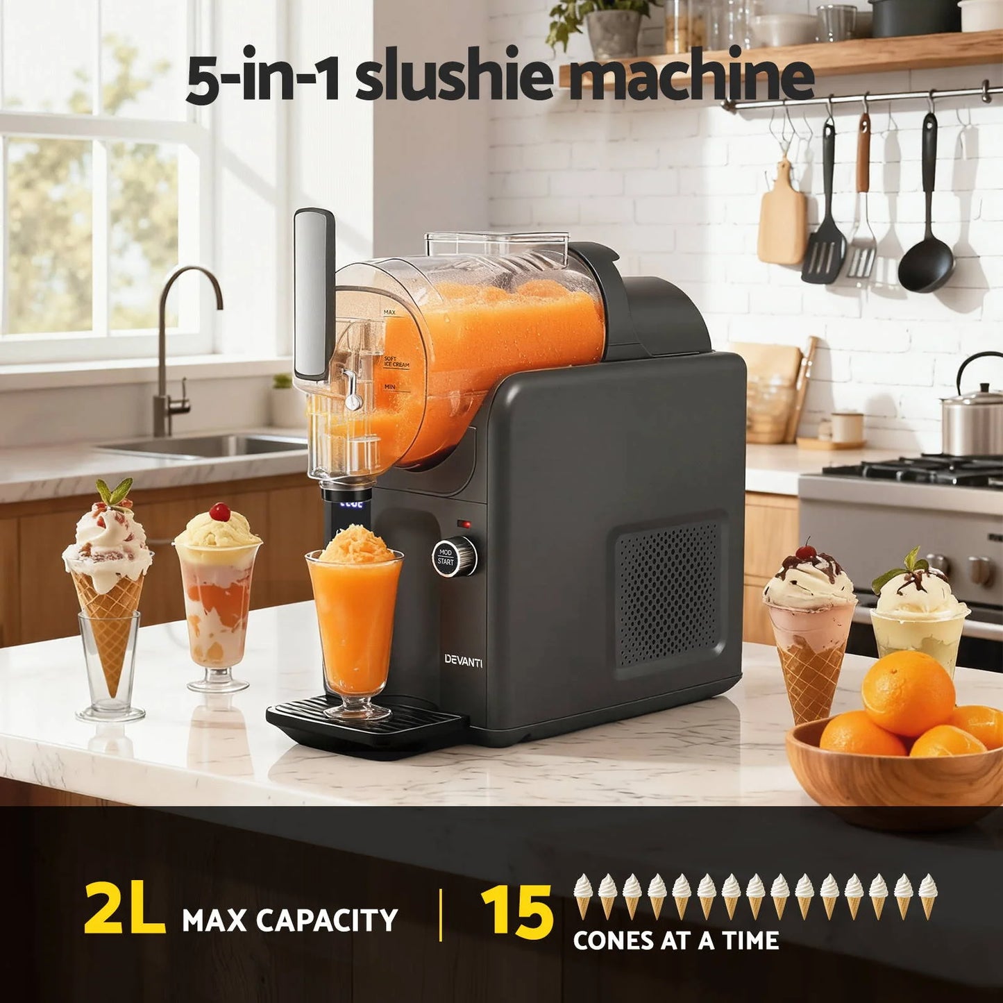 SLS-CR02-2L-GY Devanti Slushie Machine Ice Cream Maker 2L (Grey)