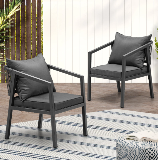 OPS-ACCOR-CH-GY-2PC Livsip 2x Grey Outdoor Furniture Chairs Set Steel Frame Padded Seat Garden Patio Lounge