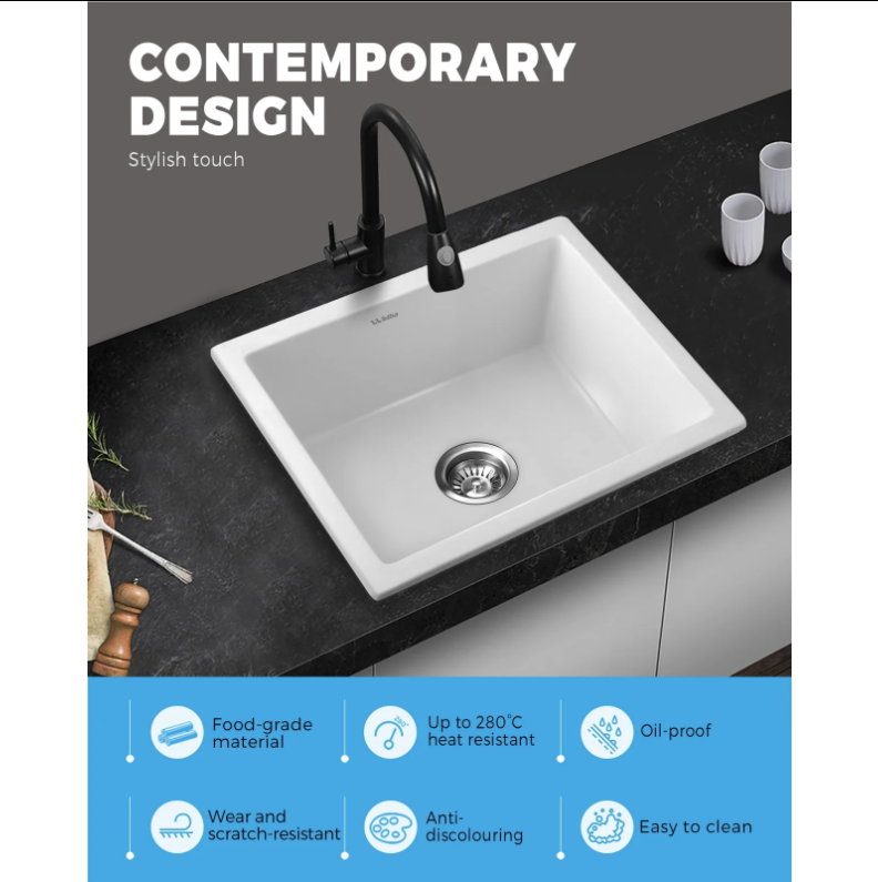 GSK-5945-WH White Stone Granite Kitchen Sink Bathroom Basin Sink Under/Top Mount Single Bowl