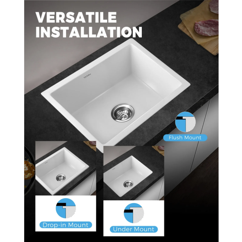 GSK-5945-WH White Stone Granite Kitchen Sink Bathroom Basin Sink Under/Top Mount Single Bowl