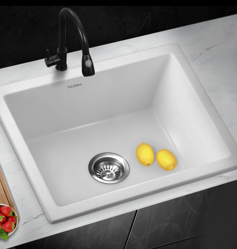 GSK-5945-WH White Stone Granite Kitchen Sink Bathroom Basin Sink Under/Top Mount Single Bowl