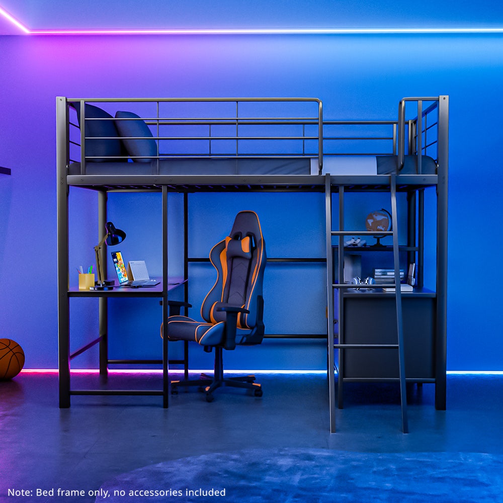 BEDSBBKSL6GA-1 Gaming Loft Bed with Desk and Storage Cabinet, Steel Metal Frame, Matte Dark Grey