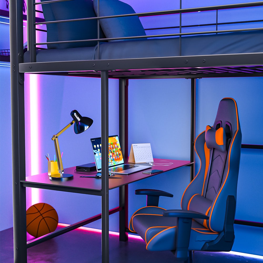 BEDSBBKSL6GA-1 Gaming Loft Bed with Desk and Storage Cabinet, Steel Metal Frame, Matte Dark Grey