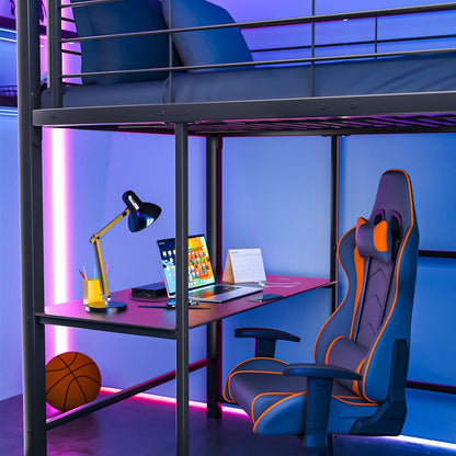 BEDSBBKSL6GA-1 Gaming Loft Bed with Desk and Storage Cabinet, Steel Metal Frame, Matte Dark Grey