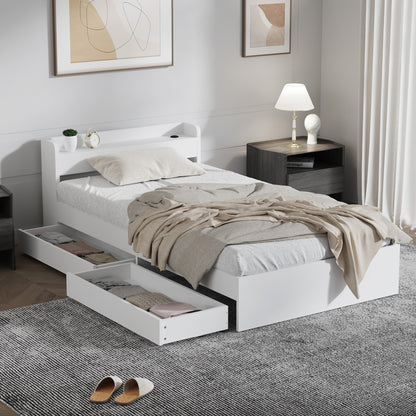 BF-MEXI-S-WH-TC-ABC Oikiture Single Bed Frame with Charging Ports & 2 Drawers White