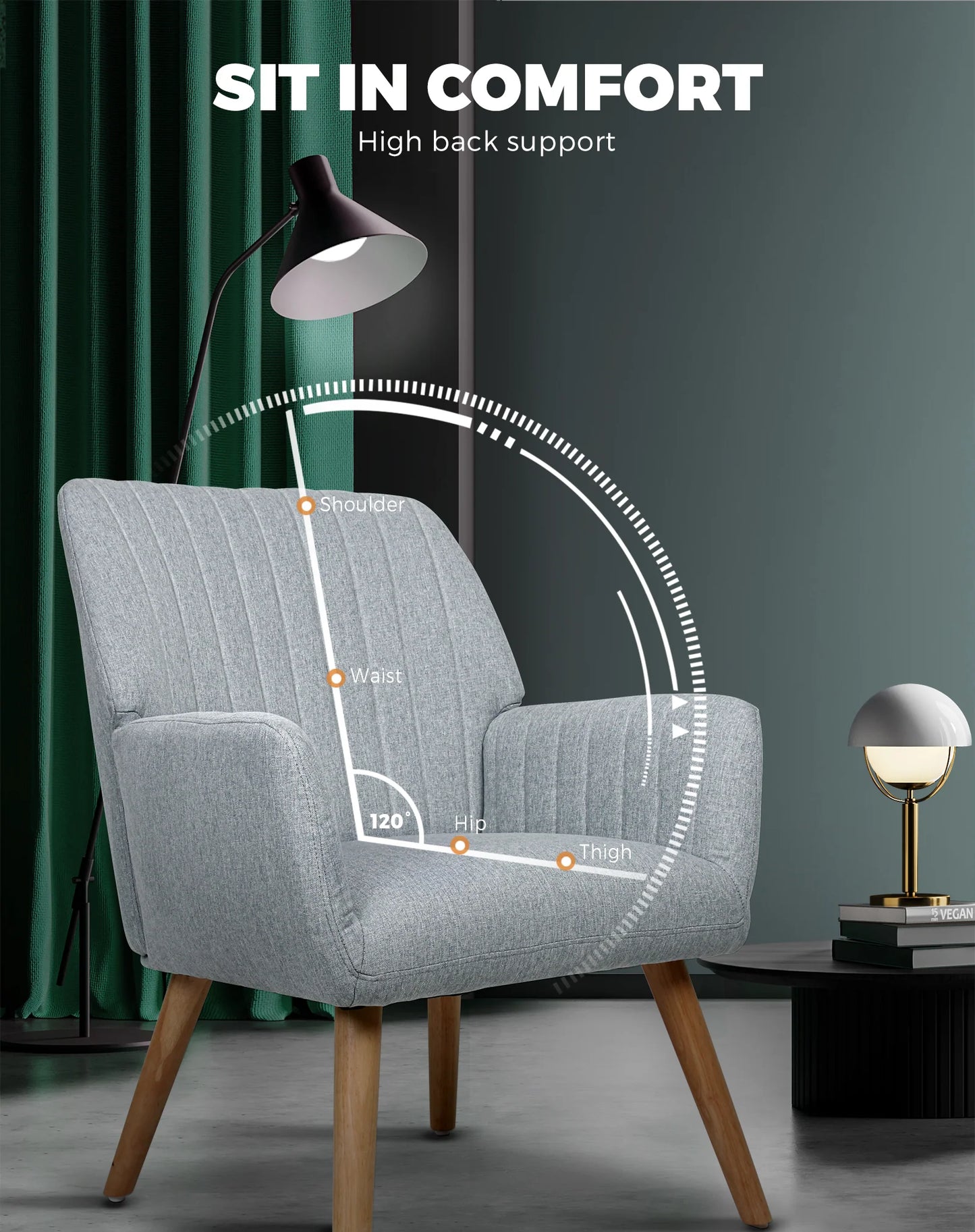 ACH-A1-GY Grey colour Oikiture Armchair Lounge Sofa Chair Fabric Accent Chairs Armchairs Couches
