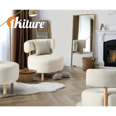 ACH-A12-BG Oikiture Wooden Armchair Lounge Chair Linen Fabric Accent Armchairs Beige