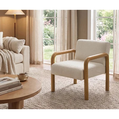 ACH-A15-WDBG Oikiture Armchair Fabric Accent Chair Lounge Sofa Beige Timber Look Legs