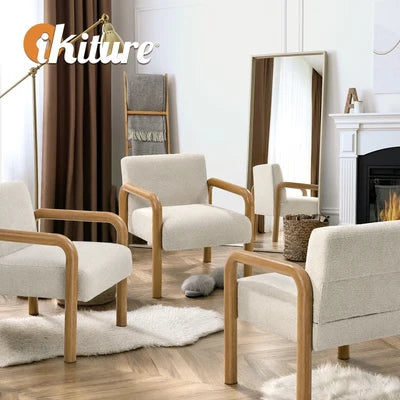 ACH-A15-WDBG Oikiture Armchair Fabric Accent Chair Lounge Sofa Beige Timber Look Legs