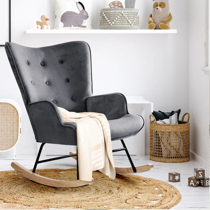 ACH-A4-GY Oikiture Rocking Chair Nursing Armchair Velvet Accent Chairs Upholstered Grey