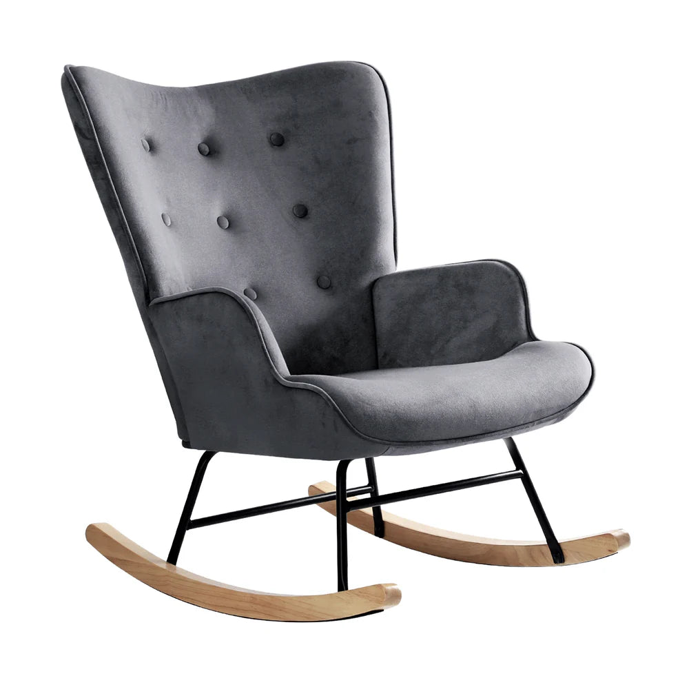 ACH-A4-GY Oikiture Rocking Chair Nursing Armchair Velvet Accent Chairs Upholstered Grey