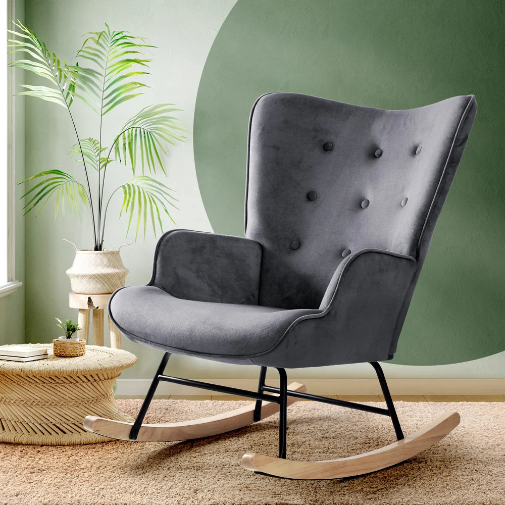 ACH-A4-GY Oikiture Rocking Chair Nursing Armchair Velvet Accent Chairs Upholstered Grey