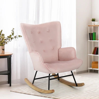 ACH-A44-PK Oikiture Rocking Chair Nursing Armchair Velvet Accent Chairs Upholstered Pink
