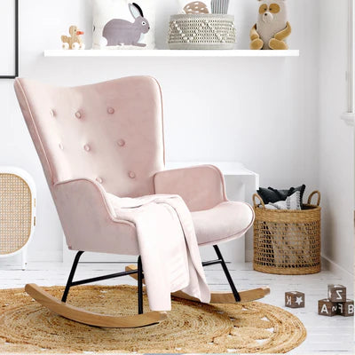 ACH-A44-PK Oikiture Rocking Chair Nursing Armchair Velvet Accent Chairs Upholstered Pink
