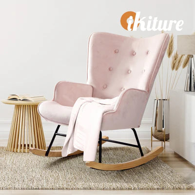 ACH-A44-PK Oikiture Rocking Chair Nursing Armchair Velvet Accent Chairs Upholstered Pink