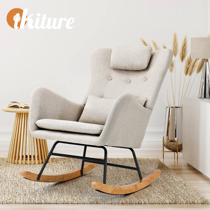ACH-A7-LN-BG Oikiture Rocking Chair Nursing Armchair Linen Accent Chairs With 2 Pillow Beige