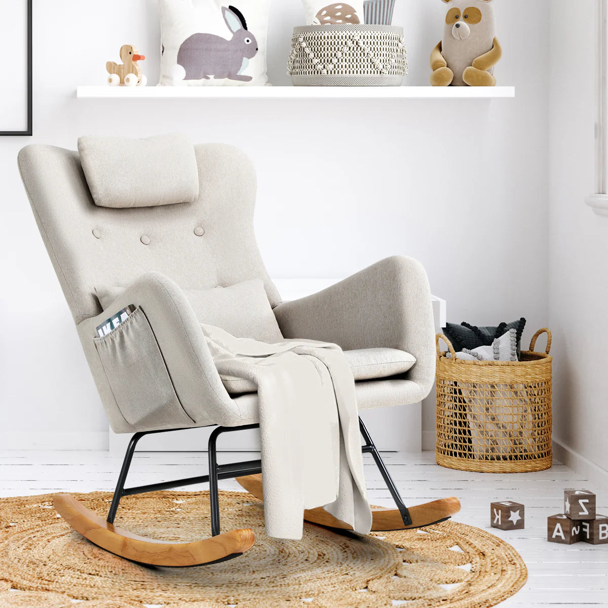 ACH-A7-LN-BG Oikiture Rocking Chair Nursing Armchair Linen Accent Chairs With 2 Pillow Beige