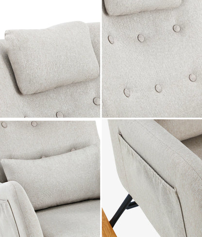 ACH-A7-LN-BG Oikiture Rocking Chair Nursing Armchair Linen Accent Chairs With 2 Pillow Beige