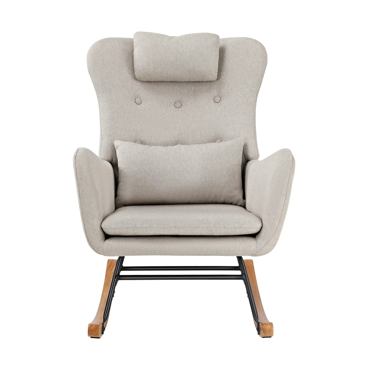 ACH-A7-LN-BG Oikiture Rocking Chair Nursing Armchair Linen Accent Chairs With 2 Pillow Beige