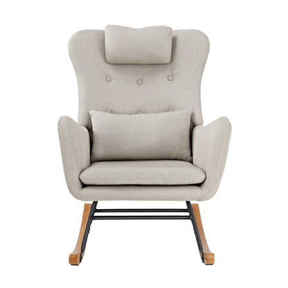 ACH-A7-LN-BG Oikiture Rocking Chair Nursing Armchair Linen Accent Chairs With 2 Pillow Beige