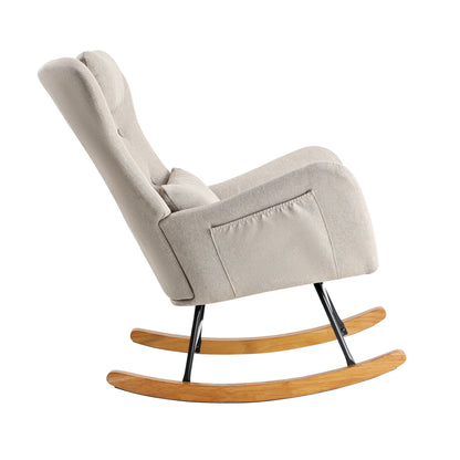 ACH-A7-LN-BG Oikiture Rocking Chair Nursing Armchair Linen Accent Chairs With 2 Pillow Beige