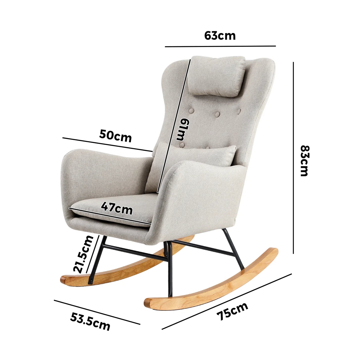 ACH-A7-LN-BG Oikiture Rocking Chair Nursing Armchair Linen Accent Chairs With 2 Pillow Beige