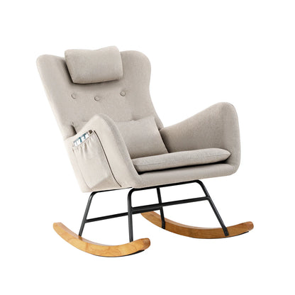 ACH-A7-LN-BG Oikiture Rocking Chair Nursing Armchair Linen Accent Chairs With 2 Pillow Beige