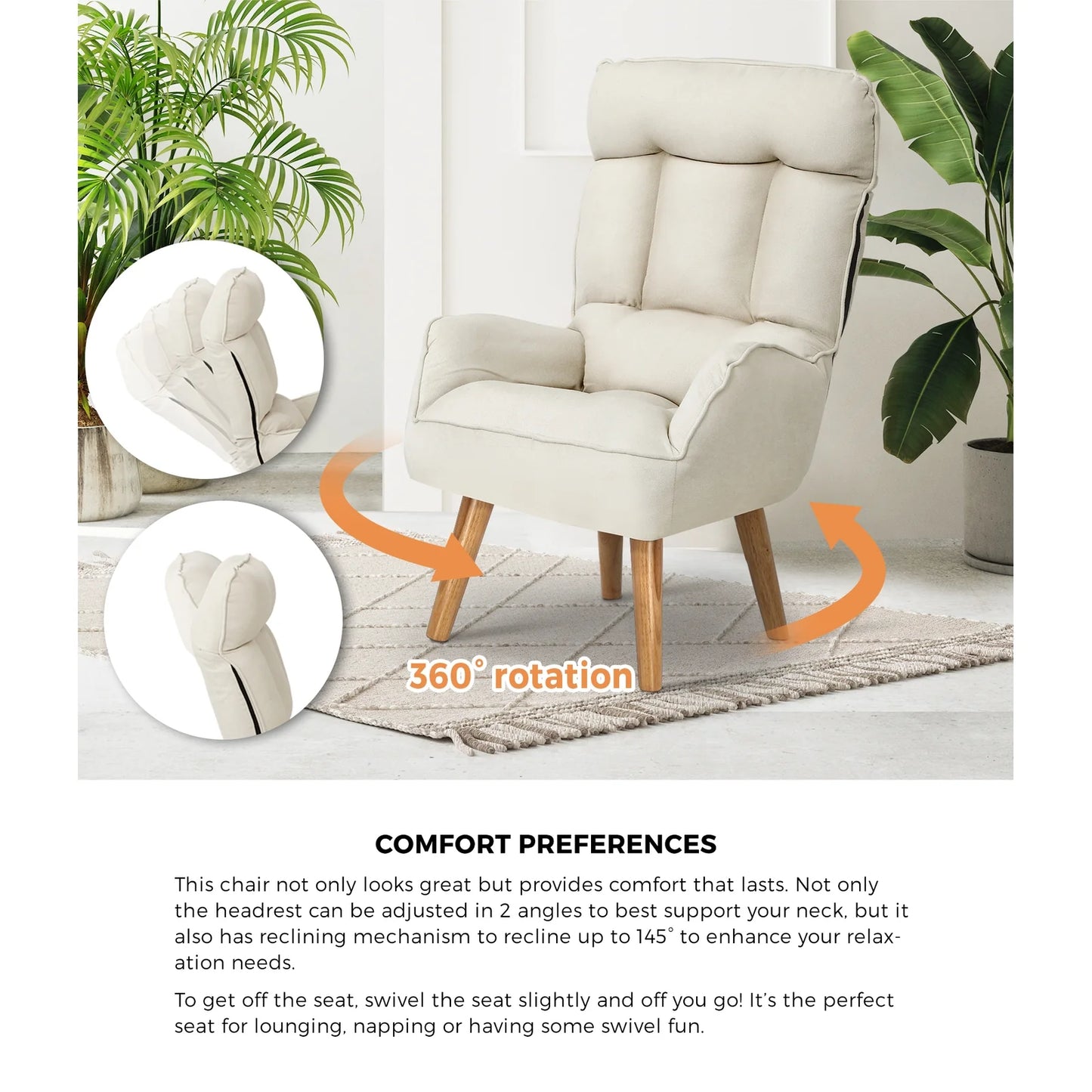 ACH-ST-TRON-BG Oikiture Armchair wit Stool 360° Swivel Seat Beige