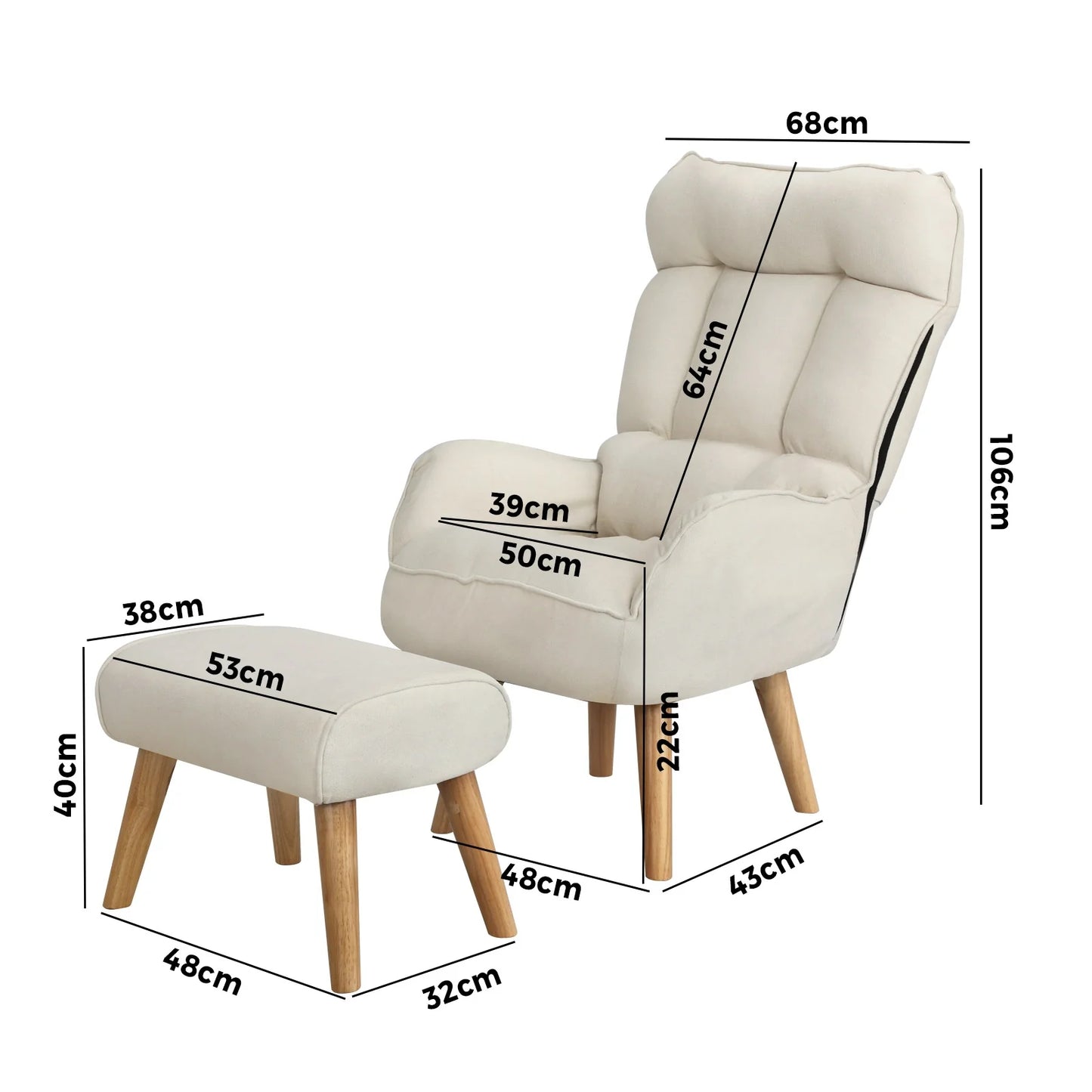 ACH-ST-TRON-BG Oikiture Armchair wit Stool 360° Swivel Seat Beige