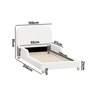 BF-B-ANGEL-S-WH-AB Oikiture Kids Bed Frame Single Size Base with Side Guard Rails Boucle White