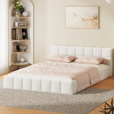 BF-B-BRED-D-SP-WH Oikiture Bed Frame Double Size Tufted Headboard White Boucle