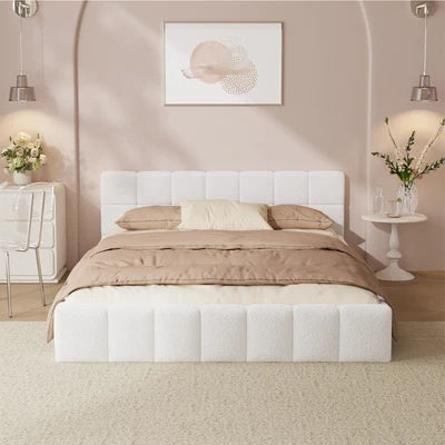 BF-B-BRED-D-SP-WH Oikiture Bed Frame Double Size Tufted Headboard White Boucle