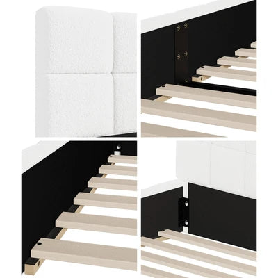 BF-B-BRED-D-SP-WH Oikiture Bed Frame Double Size Tufted Headboard White Boucle
