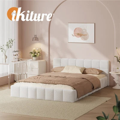 BF-B-BRED-D-SP-WH Oikiture Bed Frame Double Size Tufted Headboard White Boucle