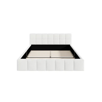 BF-B-BRED-D-SP-WH Oikiture Bed Frame Double Size Tufted Headboard White Boucle