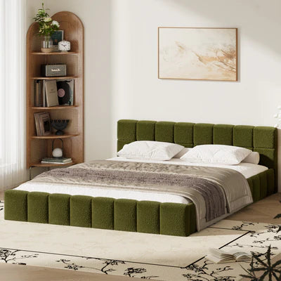 BF-B-BRED-Q-SP-GN Oikiture Bed Frame Queen Size Tufted Headboard Green Boucle