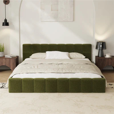 BF-B-BRED-Q-SP-GN Oikiture Bed Frame Queen Size Tufted Headboard Green Boucle